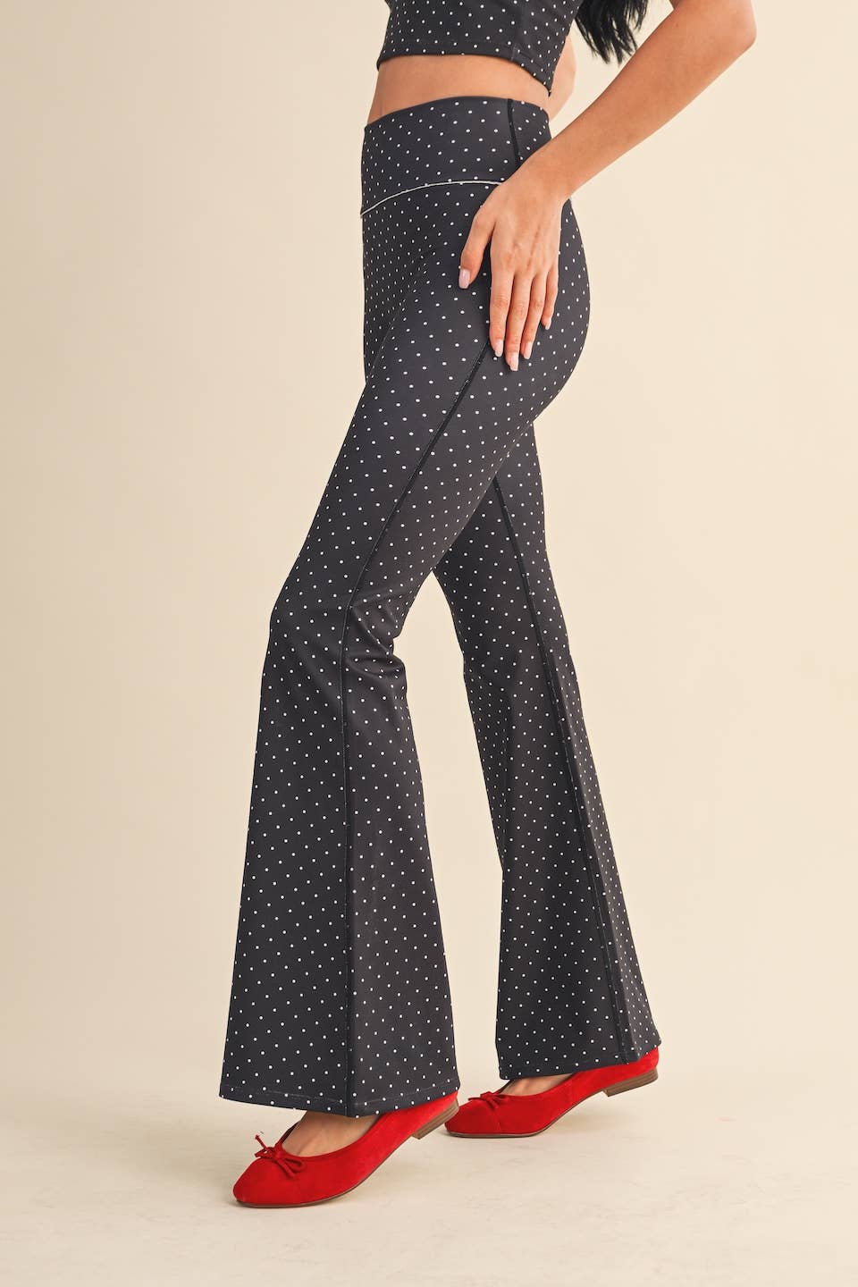 Polka Dot Print High Waist Flare Pants with Lace Trim