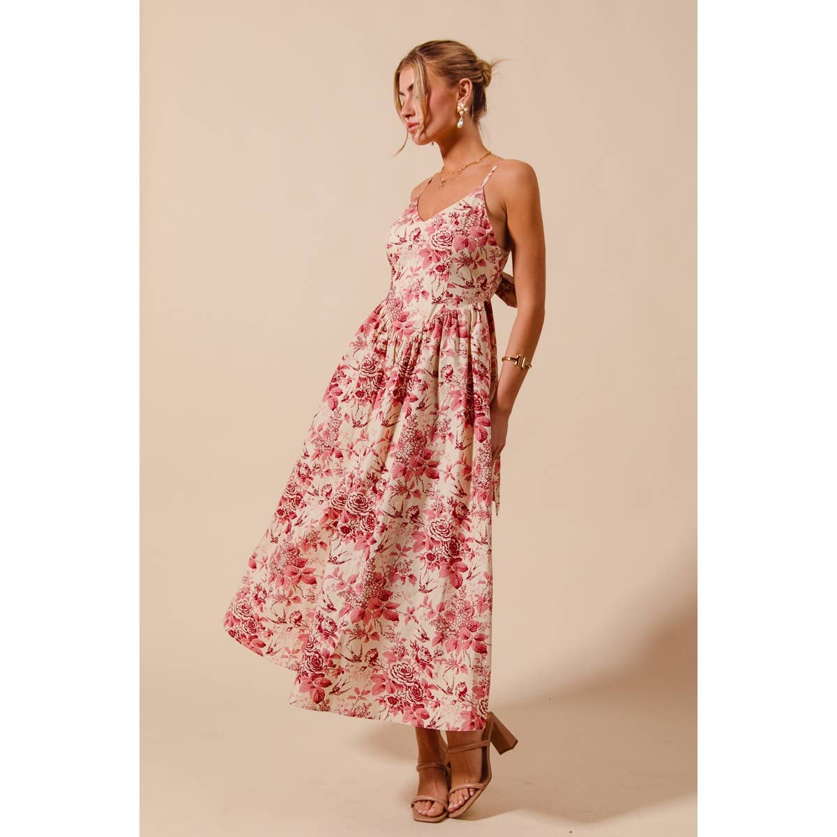 Floral Woven V Neck Dress With Back Ribbon Tie