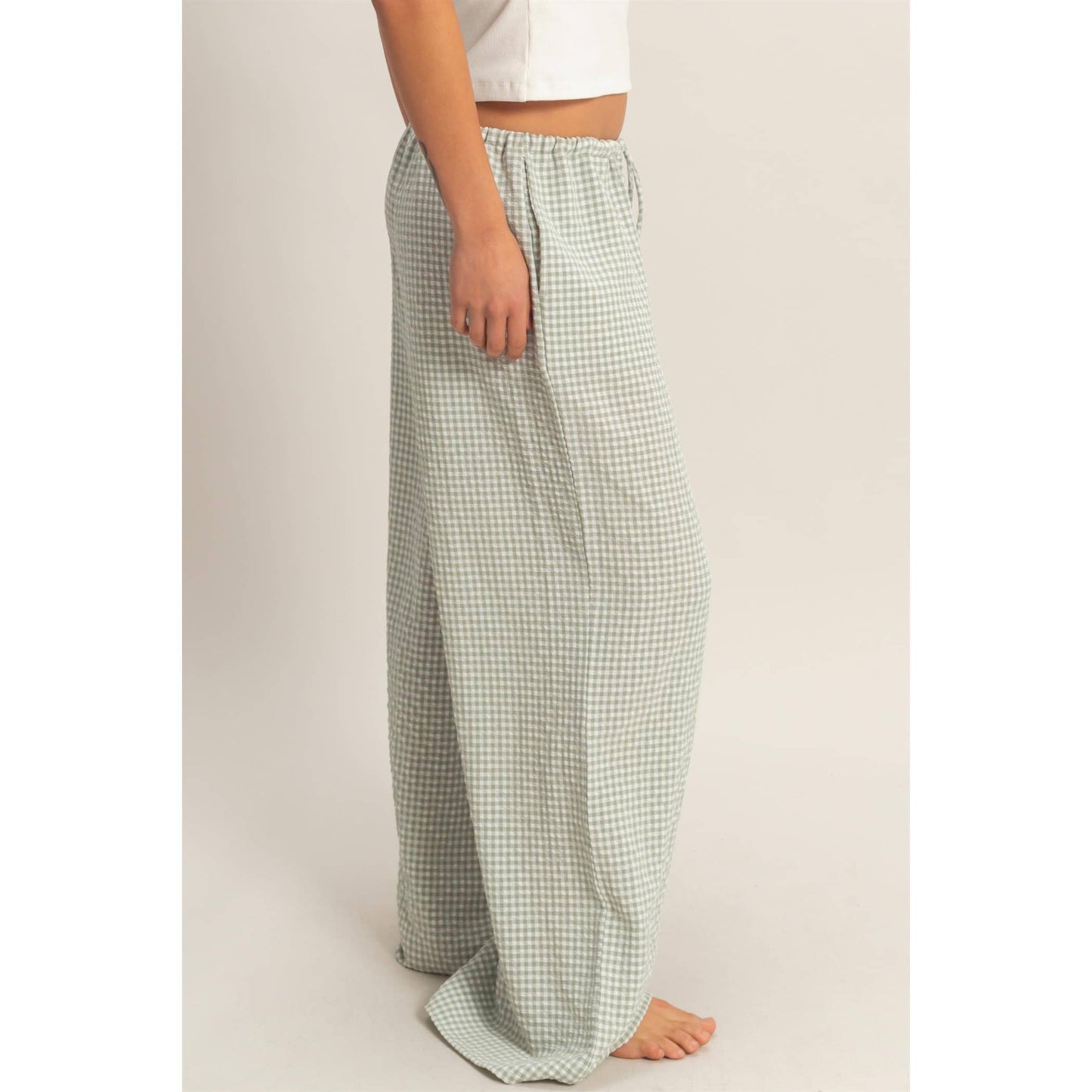 Gingham Drawstring Wide-Leg Pants