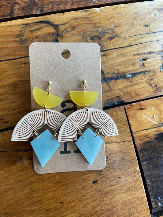 Boho Geometric Acrylic and Wood Dangle Earrings