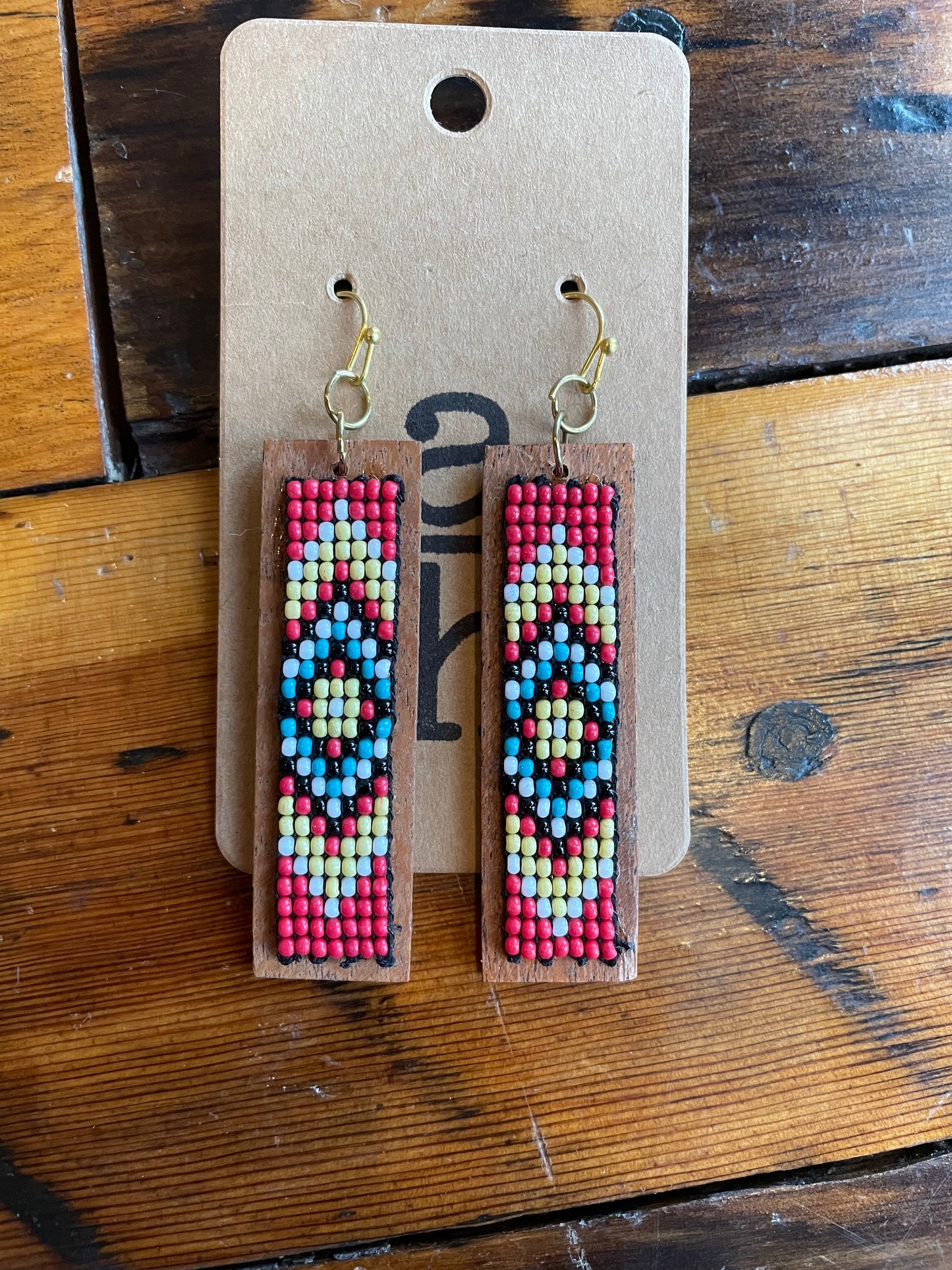 Red Bead & Wood Dangle Earrings
