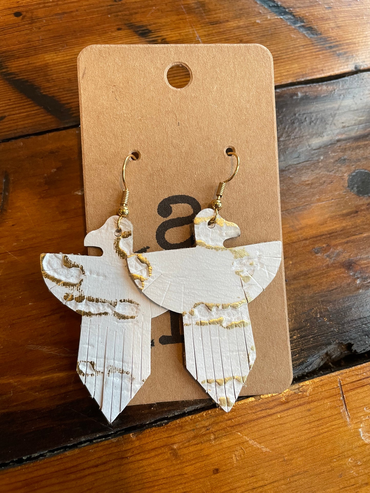 White & Gold Thunderbird Leather Earrings