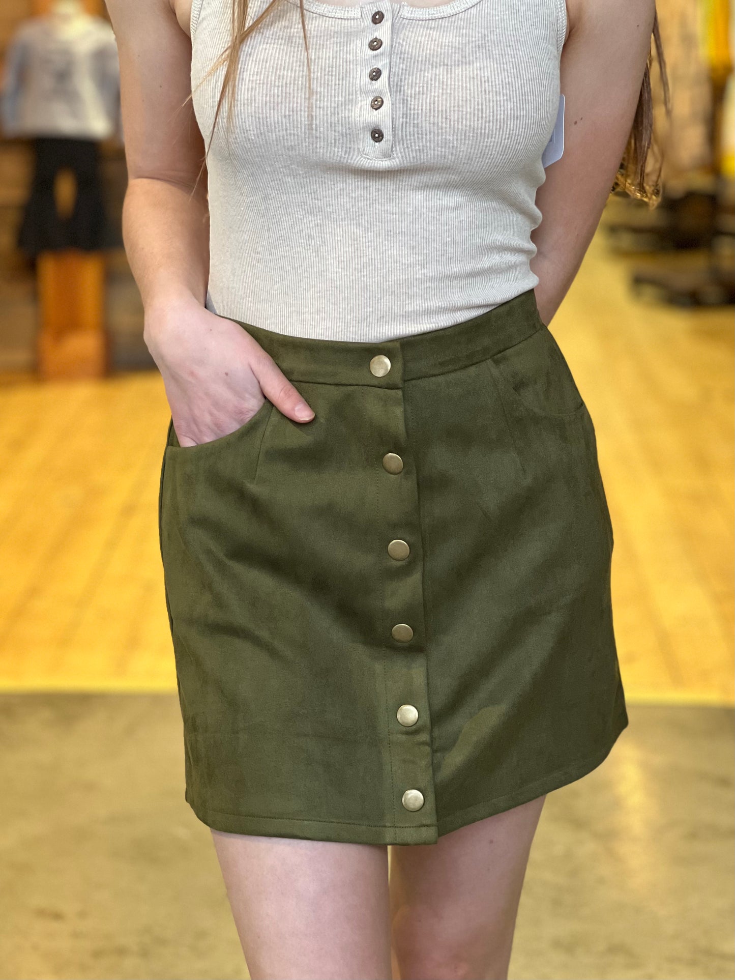 Button-Up Suede Mini Skirt