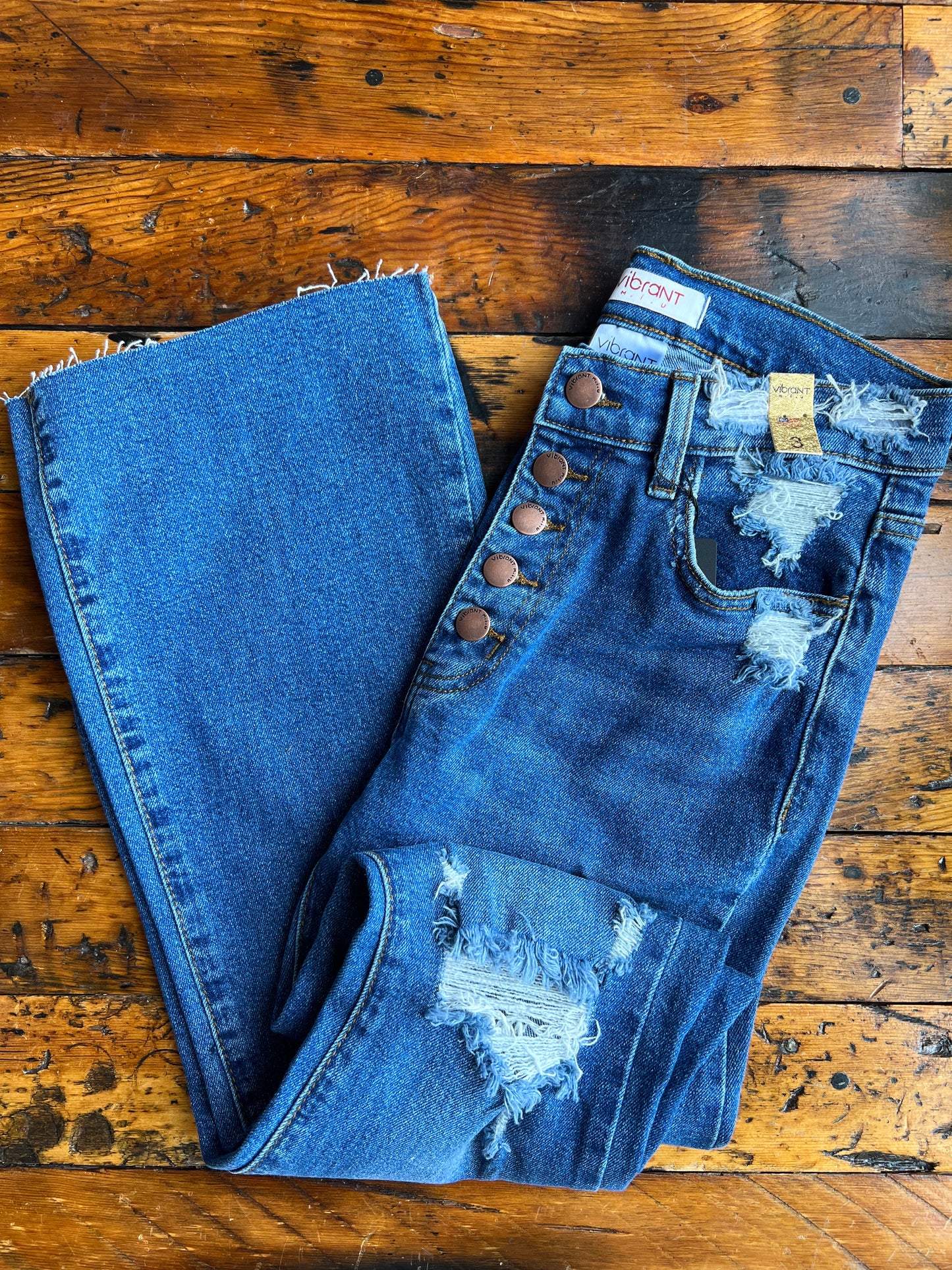Vibrant Distressed Button Fly Bootcut
